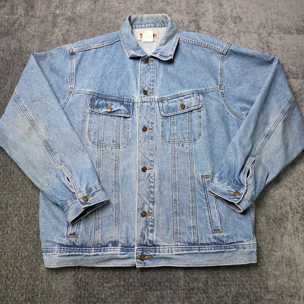 Vtg Wrangler Rugged Wear Trucker Jacket Mens XLT XL Tall Denim Pockets Biker Y2K